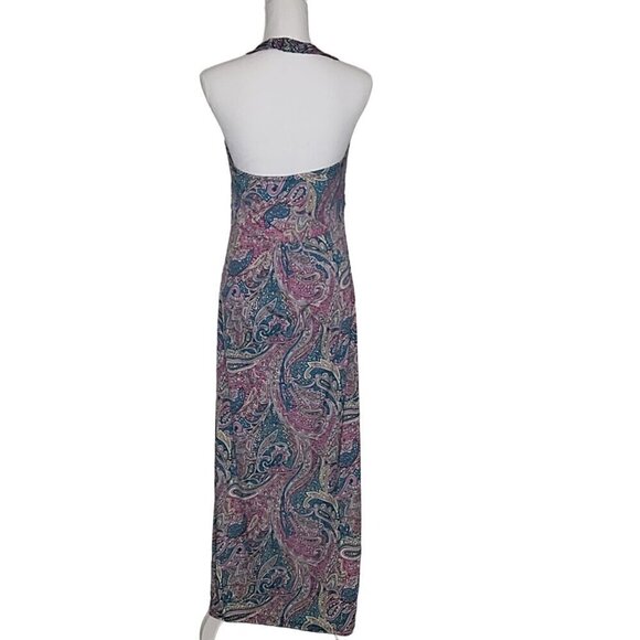 Lovely Dress by Westloop Size L Halter Full Length V Neck Stretch Patterned Blue - Picture 5 of 9